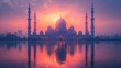 An islamic wallpaper with a sunset, moon, holy night, and a silhouette mosque with a sunset sky