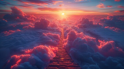 Wall Mural - An image with stairs. Concept with sun and clouds. Religion background. Red heart shaped sky at sunset. Love background with copy space.