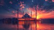 The silhouette of a mosque against a sunset sky, the moon and the holy night, all in a panoramic islamic wallpaper with the sky and moon