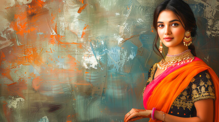 Sticker - Beautiful indian woman in traditional attire on textured background