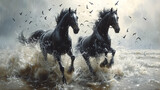 Fototapeta  - Two black horses run gallop in the water in the rain.