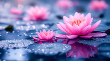 Beautiful Pink Lotus Flower On The Water With Drop Of Water.