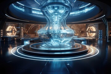 Poster -  Quantum computing laboratory with intricate machinery and futuristic user interfaces. Ai generated