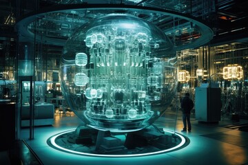 Poster -  Quantum computing laboratory with intricate machinery and futuristic user interfaces. Ai generated