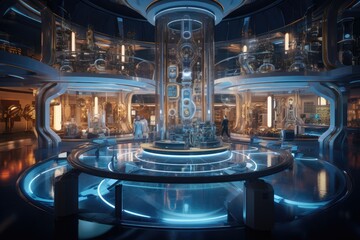 Poster -  Quantum computing laboratory with intricate machinery and futuristic user interfaces. Ai generated
