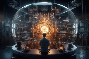 Poster -  Quantum computing laboratory with intricate machinery and futuristic user interfaces. Ai generated