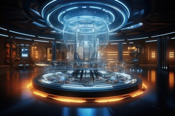 Poster -  Quantum computing laboratory with intricate machinery and futuristic user interfaces. Ai generated