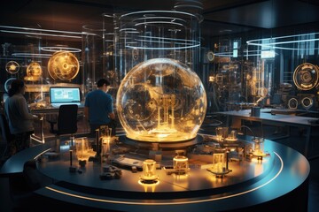 Poster -  Quantum computing laboratory with intricate machinery and futuristic user interfaces. Ai generated