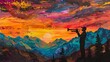Art depicting a man playing trumpet in natural landscape at sunset