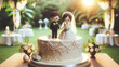 A beautifully decorated wedding cake topped with cute figures of two charming women in dresses