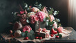 A romantic and luxurious scene featuring a gift box, a bouquet of fresh roses