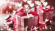 scene with pink heart-shaped cardboard gift boxes tied with ribbons