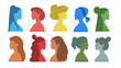 © BONI - Set de vectores de perfiles de mujeres diferentes de colores con fondo blanco. Retratos de perfil de personas.