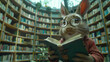 A rabbit wearing glasses is selecting a book in a spacious, futuristic library