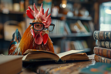 A rooster wearing glasses is selecting a book in a spacious, futuristic library