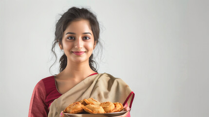 Sticker - Chef-inspired young lady in saree holding a plate with delectable Gujiya