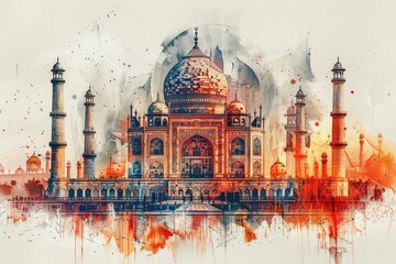 Wall Mural - ramadan decoration and islamic watercolour  greeting card background with a mosque landscape