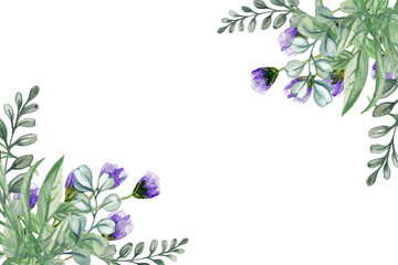 Wall Mural - Illustration of eucalyptus leaves and flowers painted in watercolor. A frame of greenery adorns the corner border