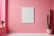 Close up bright modern pink room interior background with white blank portrait poster space leaning on pink wall background by cactus plant - Mockup