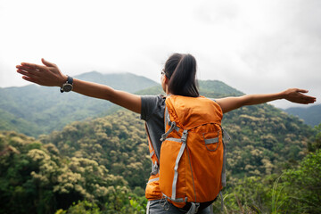 Poster - Woman backpacker enjoying the view on morning spring mountain top