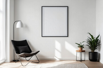 Sticker - Close up of mockup poster frame with modern minimalist interior background in bright white color - Mockup