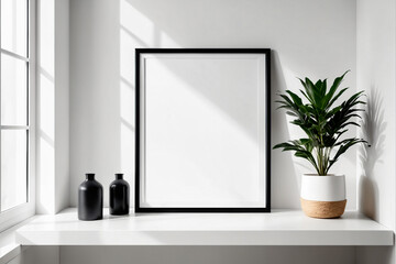 Poster - Close up of mockup poster frame with modern minimalist interior background in bright white color - Mockup