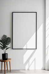 Wall Mural - Close up of mockup poster frame with modern minimalist interior background in bright white color - Mockup