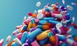 Mound of colorful pills cascading down against a striking blue backdrop, highlighting the prevalence of pharmaceuticals in modern society