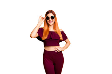 Poster - People person youngster youth modern outfit clothes concept. Studio photo portrait of pretty attractive stunning pretty with toothy beaming smile lady adjusting glassed isolate background