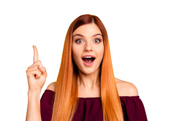 Poster - Yes! I knew it! Close up photo portrait of clever intelligent attractive charming lady with opened mouth looking in camera holding forefinger up isolated bright background