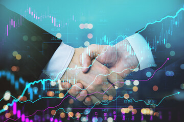 Poster - creative handshake and forex chart on blurry bokeh night city backdrop. Financial growth and partnership concept. Double exposure.