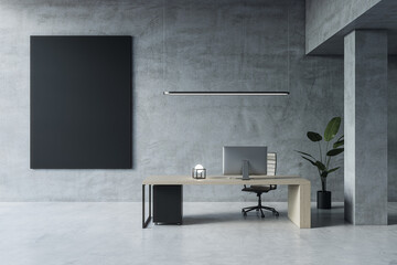 Poster - Modern concrete home office interior with empty black mock up banner, furniture and equipment, decorative plant. 3D Rendering.