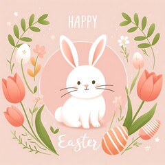 Wall Mural - Happy Easter! minimalist ilustration Holiday background with cute bunny, spring branches and tulip flowers. Easter rabbit and eggs on pink background.