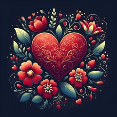 Wall Mural - illustration of a red heart with flowers on black background