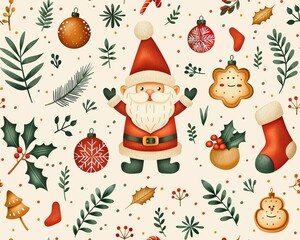 christmas elements illustrator pattern, santa,elves,snow,cookies,seamless pattern, colour pencil art, small hand drawn leaves and herbs in a light pattern in the background