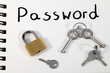 Angielske słowo password napis obok kłódka i klucze