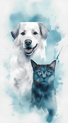 Wall Mural - Dog and cat on watercolor background. Hand drawn vector illustration.