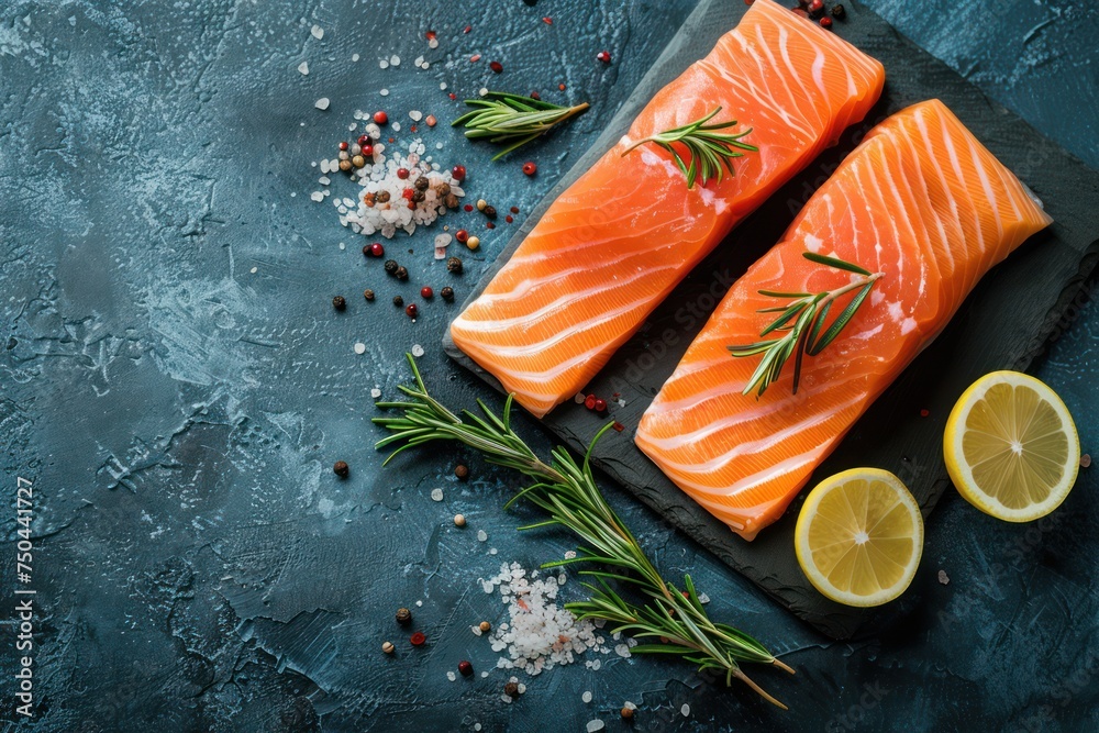 Fresh raw salmon marbled fillet on dark blue rustic concrete table ...