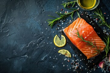 Poster - Fresh raw salmon marbled fillet on dark blue rustic concrete table background with lemon, coarse salt, green herbs top view. 