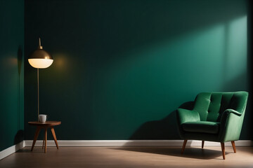 Poster - Living room with green armchair on empty dark green wall background