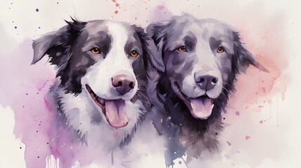 Watercolor portrait of two dogs, Australian Shepherd and Border Collie