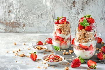 Wall Mural - Parfait with Strawberries, Yoghurt and Granola in Transparent Glass Mason Jars on White Rustic Wooden Background