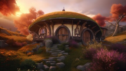 Wall Mural - 3d render of a fantasy house in the meadow with flowers