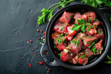 Wall Mural - Raw uncooked chopped pieces of meat marinated with seasonings and parsley in black casserole dish top view on dark rustic background. 
