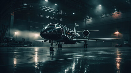 Wall Mural - a black private jet standing in a hangar at night