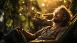 Happy shaggy man reclining in a hammock surrounded by trees in a lush forest setting