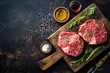 Two raw uncooked meat beef rib eye marbled steaks on wooden cutting board with seasonings on dark rustic background ready to be grilled from above, preparing dinner with meat, space for text 