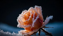 A Peach Fuzz Rose Covered In Frost Against A Dark Background.