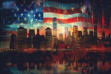 Fourth Of July Fireworks American Flag In The City Memorial Day Graphic Design For Website Background, Copy Space 