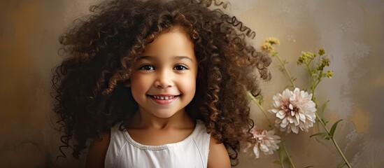 Poster - Innocent Joy: Little Girl with Curly Hair Holding a Delicate Flower Outdoors